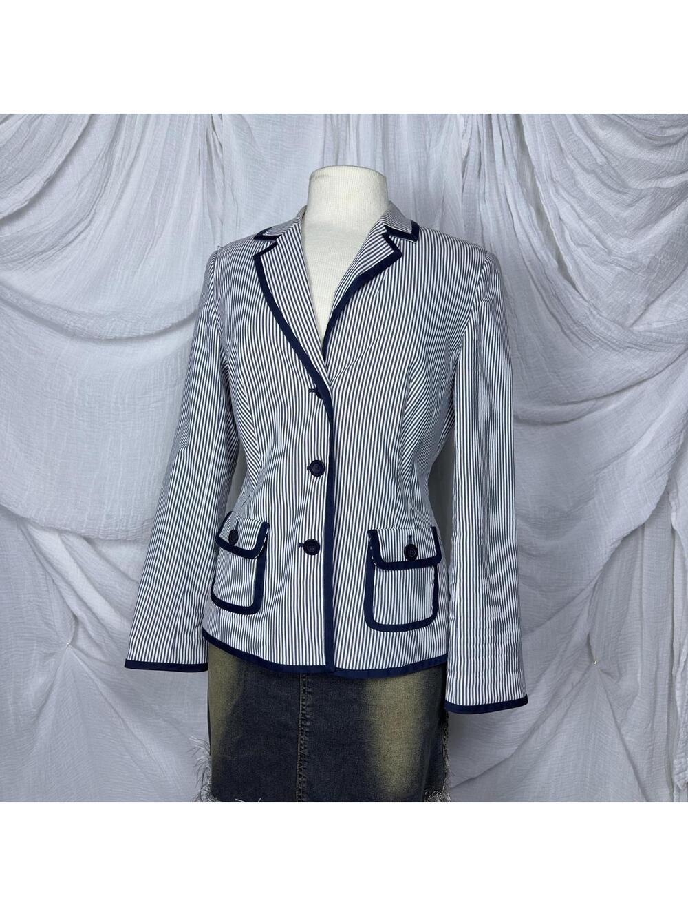 Peck & Peck Weekend Striped Navy White Women's Blazer (8) - Picture 1 of 8